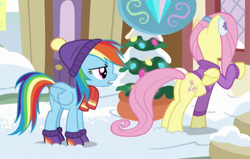 Size: 591x375 | Tagged: safe, screencap, character:fluttershy, character:rainbow dash, episode:best gift ever, g4, my little pony: friendship is magic, clothing, cropped, earmuffs, eyes on the prize, plot, scarf, snow