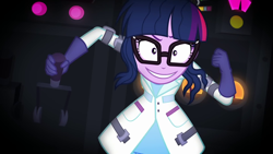 Size: 1920x1080 | Tagged: safe, screencap, character:twilight sparkle, character:twilight sparkle (scitwi), species:eqg human, episode:mad twience, eqg summertime shorts, g4, my little pony:equestria girls, clothing, evil grin, glasses, gloves, grin, it begins, jacket, mad scientist, smiling