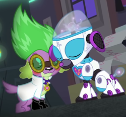 Size: 700x651 | Tagged: safe, screencap, character:spike, character:spike (dog), species:dog, episode:mad twience, eqg summertime shorts, g4, my little pony:equestria girls, blushing, clothing, cropped, cute, eyes closed, gloves, jacket, robot, robot dog, smiling, spikabetes, spikelove