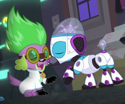 Size: 667x555 | Tagged: safe, screencap, character:spike, character:spike (dog), species:dog, episode:mad twience, eqg summertime shorts, g4, my little pony:equestria girls, clothing, cropped, eyes closed, gloves, goggles, jacket, robot, robot dog, smiling