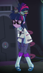 Size: 566x950 | Tagged: safe, screencap, character:twilight sparkle, character:twilight sparkle (scitwi), species:eqg human, episode:mad twience, eqg summertime shorts, g4, my little pony:equestria girls, clothing, cropped, glasses, gloves, goggles, lab coat, pants