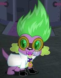 Size: 696x879 | Tagged: safe, screencap, character:spike, character:spike (dog), species:dog, episode:mad twience, eqg summertime shorts, g4, my little pony:equestria girls, clothing, cropped, cute, gloves, goggles, lab coat, light bulb, male, paws, spikabetes