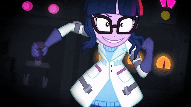 Size: 800x450 | Tagged: safe, screencap, character:twilight sparkle, character:twilight sparkle (scitwi), species:eqg human, episode:mad twience, eqg summertime shorts, g4, my little pony:equestria girls, animated, clothing, electricity, evil grin, gif, glasses, gloves, grin, lab coat, mad scientist, pants, science, shoes, smiling