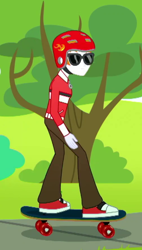 Size: 336x591 | Tagged: safe, screencap, character:heath burns, episode:epic fails, eqg summertime shorts, g4, my little pony:equestria girls, background human, clothing, glasses, heath burns, helmet, male, pants, shoes, skateboard, sneakers, sunglasses