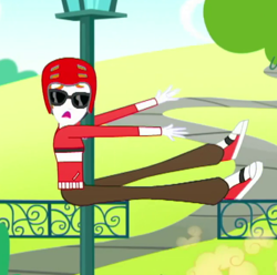 Size: 427x423 | Tagged: safe, screencap, character:heath burns, episode:epic fails, eqg summertime shorts, g4, my little pony:equestria girls, background human, clothing, heath burns, helmet, lamppost, male, pants, shoes, sneakers, sunglasses
