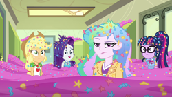 Size: 1920x1080 | Tagged: safe, screencap, character:applejack, character:princess celestia, character:principal celestia, character:rarity, character:twilight sparkle, character:twilight sparkle (scitwi), species:eqg human, episode:best trends forever, g4, my little pony:equestria girls, best trends forever: pinkie pie, canterlot high, celestia is not amused, confetti, embarrassed grin, imminent detention, messy hair, not this shit again, ponytail, raised eyebrow, this will end in detention, unamused