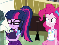 Size: 1409x1080 | Tagged: safe, screencap, character:pinkie pie, character:twilight sparkle, character:twilight sparkle (scitwi), species:eqg human, episode:best trends forever, g4, my little pony:equestria girls, best trends forever: twilight sparkle, book, clothing, cropped, female, geode of sugar bombs, geode of telekinesis, glasses, magical geodes, ponytail, reading, skirt