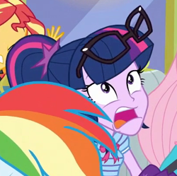 Size: 408x407 | Tagged: safe, screencap, character:fluttershy, character:rainbow dash, character:sunset shimmer, character:twilight sparkle, character:twilight sparkle (scitwi), species:eqg human, episode:road trippin', g4, my little pony:equestria girls, cropped, geode of telekinesis, glasses, magical geodes, solo focus