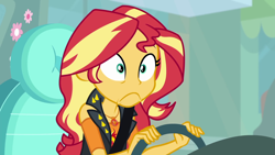 Size: 1920x1080 | Tagged: safe, screencap, character:sunset shimmer, episode:driving miss shimmer, g4, my little pony:equestria girls, car, driving miss shimmer: fluttershy, faec, female, fluttershy's car, geode of empathy, magical geodes, solo