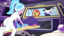 Size: 1920x1080 | Tagged: safe, screencap, character:aloe, character:rarity, character:sunset shimmer, episode:driving miss shimmer, g4, my little pony:equestria girls, bracelet, car, chauffeur, driving miss shimmer: rarity, fuzzy dice, geode of empathy, jewelry, limousine, magical geodes, massage table, masseuse, misleading thumbnail, randolph