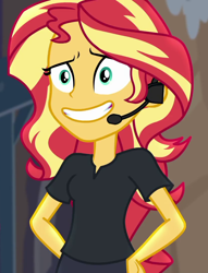 Size: 824x1078 | Tagged: safe, screencap, character:sunset shimmer, episode:opening night, g4, my little pony:equestria girls, cropped, director shimmer, faec, female, headset, nervous, opening night: sunset shimmer, solo