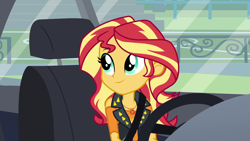 Size: 1920x1080 | Tagged: safe, screencap, character:sunset shimmer, episode:driving miss shimmer, g4, my little pony:equestria girls, car, cute, driving miss shimmer: rarity, geode of empathy, magical geodes, shimmerbetes, solo, steering wheel