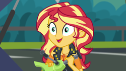 Size: 1920x1080 | Tagged: safe, screencap, character:sunset shimmer, episode:driving miss shimmer, g4, my little pony:equestria girls, apple jack (tool), car, driving miss shimmer: applejack, solo