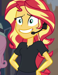 Size: 840x1080 | Tagged: safe, screencap, character:sunset shimmer, episode:opening night, g4, my little pony:equestria girls, cropped, director shimmer, grin, headset, nervous, nervous grin, opening night: sunset shimmer, smiling, solo, sweat, sweating profusely