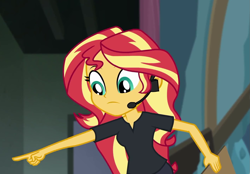 Size: 1409x983 | Tagged: safe, screencap, character:sunset shimmer, episode:all the world's off stage, g4, my little pony:equestria girls, all the world's off stage: twilight sparkle, cropped, pointing, solo