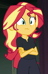 Size: 661x1017 | Tagged: safe, screencap, character:sunset shimmer, episode:all the world's off stage, g4, my little pony:equestria girls, all the world's off stage: micro chips, cropped, crossed arms, solo