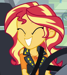 Size: 864x974 | Tagged: safe, screencap, character:sunset shimmer, episode:driving miss shimmer, g4, my little pony:equestria girls, cropped, cute, driving miss shimmer: rarity, female, geode of empathy, magical geodes, shimmerbetes, smiling, solo, steering wheel