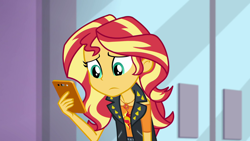 Size: 1920x1080 | Tagged: safe, screencap, character:sunset shimmer, episode:a fine line, g4, my little pony:equestria girls, female, geode of empathy, magical geodes, phone, solo
