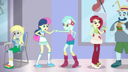 Size: 1920x1080 | Tagged: safe, screencap, character:bon bon, character:derpy hooves, character:lyra heartstrings, character:sweetie drops, episode:a fine line, g4, my little pony:equestria girls, background human, best friends, burger, food, hamburger, pantshoes, rose heart
