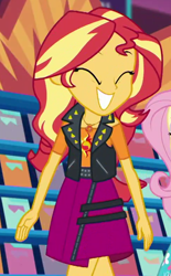 Size: 484x781 | Tagged: safe, screencap, character:fluttershy, character:sunset shimmer, episode:a fine line, g4, my little pony:equestria girls, ^^, cropped, cute, eyes closed, geode of empathy, grin, happy, magical geodes, shimmerbetes, smiling, solo, solo focus