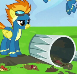 Size: 354x340 | Tagged: safe, screencap, character:spitfire, episode:newbie dash, g4, my little pony: friendship is magic, clothing, implied rainbow dash, not amused face, trash can, uniform, wonderbolts uniform