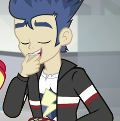 Size: 713x720 | Tagged: safe, screencap, character:flash sentry, episode:good vibes, eqg summertime shorts, g4, my little pony:equestria girls, clothing, cropped, eyes closed, food, jacket, male, sushi