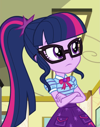 Size: 783x995 | Tagged: safe, screencap, character:twilight sparkle, character:twilight sparkle (scitwi), species:eqg human, episode:best trends forever, g4, my little pony:equestria girls, best trends forever: pinkie pie, clothing, cropped, crossed arms, female, geode of telekinesis, glasses, magical geodes, ponytail, skirt, solo