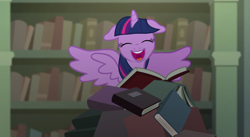 Size: 2560x1400 | Tagged: safe, screencap, character:twilight sparkle, character:twilight sparkle (alicorn), species:alicorn, species:pony, episode:castle mane-ia, g4, my little pony: friendship is magic, adorkable, book, bookshelf, cute, dork, excited, female, floppy ears, open mouth, solo, spread wings, that pony sure does love books, twiabetes, wings