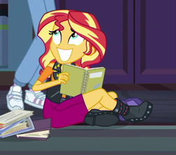 Size: 567x498 | Tagged: safe, screencap, character:sunset shimmer, character:twilight sparkle, character:twilight sparkle (scitwi), species:eqg human, episode:the finals countdown, g4, my little pony:equestria girls, awkward smile, book, cropped, offscreen character