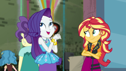 Size: 1920x1080 | Tagged: safe, screencap, character:rarity, character:sunset shimmer, episode:display of affection, g4, my little pony:equestria girls, background human, female, geode of empathy, geode of shielding, magical geodes