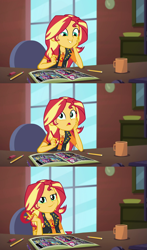 Size: 1607x2732 | Tagged: safe, screencap, character:sunset shimmer, episode:super squad goals, g4, my little pony:equestria girls, breaking the fourth wall, cheek squish, eraser, fourth wall, geode of empathy, looking at you, magical geodes, marker, mug, pencil, smiling, smirk, smugset shimmer, solo, squishy cheeks, sunset's apartment