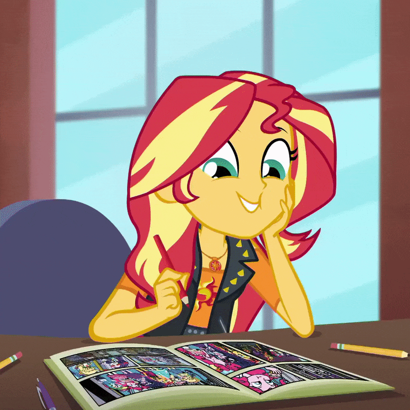 Size: 800x799 | Tagged: safe, screencap, character:sunset shimmer, episode:super squad goals, g4, my little pony:equestria girls, animated, breaking the fourth wall, cheek squish, cropped, fourth wall, geode of empathy, gif, looking at you, magical geodes, marker, pencil, smiling, smirk, smugset shimmer, solo, squishy cheeks, sunset's apartment