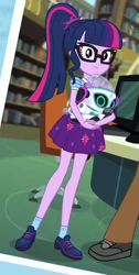 Size: 395x783 | Tagged: safe, screencap, character:bright idea, character:twilight sparkle, character:twilight sparkle (scitwi), species:eqg human, episode:queen of clubs, g4, my little pony:equestria girls, bright idea, clothing, cropped, female, glasses, legs, looking at you, offscreen character, ponytail, robot, robot dog, shoes, skirt, smiling, socks