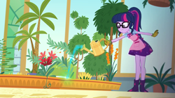 Size: 1920x1080 | Tagged: safe, screencap, character:twilight sparkle, character:twilight sparkle (scitwi), species:eqg human, episode:my little shop of horrors, g4, my little pony:equestria girls, apron, boots, celestia's house, clothing, cute, geode of telekinesis, glasses, gloves, greenhouse, magical geodes, palm tree, plant, plants, ponytail, room to grow, shoes, skirt, solo, tree, twiabetes, watering can