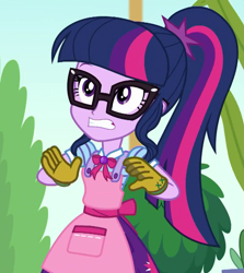 Size: 933x1046 | Tagged: safe, screencap, character:twilight sparkle, character:twilight sparkle (scitwi), species:eqg human, episode:my little shop of horrors, g4, my little pony:equestria girls, apron, clothing, cropped, geode of telekinesis, glasses, gloves, gritted teeth, magical geodes, scared, solo