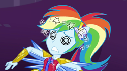 Size: 1920x1080 | Tagged: safe, screencap, character:rainbow dash, episode:super squad goals, g4, my little pony:equestria girls, circling stars, crystal guardian, crystal wings, ponied up, solo, swirly eyes