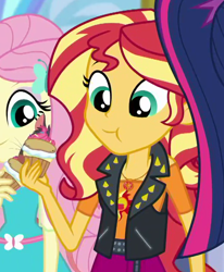 Size: 712x866 | Tagged: safe, screencap, character:fluttershy, character:sunset shimmer, character:twilight sparkle, character:twilight sparkle (scitwi), species:eqg human, episode:super squad goals, g4, my little pony:equestria girls, cropped, cupcake, eating, food, geode of empathy, magical geodes, offscreen character