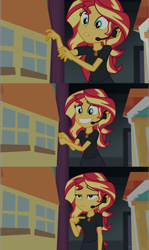 Size: 1623x2731 | Tagged: safe, screencap, character:sunset shimmer, episode:opening night, g4, my little pony:equestria girls, cute, director shimmer, frown, geode of empathy, grin, headset, lidded eyes, magical geodes, nervous, opening night: twilight sparkle, pointing, shimmerbetes, smiling, solo, unamused, worried, you tried