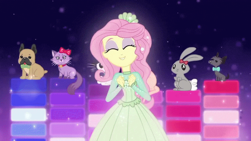 Size: 800x450 | Tagged: safe, screencap, character:fluttershy, episode:so much more to me, g4, my little pony:equestria girls, animated, cute, gif, microphone, one eye closed, shyabetes, singing, transition, wink