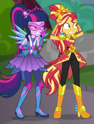 Size: 579x765 | Tagged: safe, screencap, character:sunset shimmer, character:twilight sparkle, episode:super squad goals, g4, my little pony:equestria girls, crystal guardian, ponied up, shocked