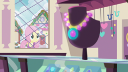 Size: 1280x720 | Tagged: safe, screencap, character:fluttershy, species:pegasus, species:pony, episode:best gift ever, g4, my little pony: friendship is magic, clothing, earmuffs, female, jewelry, mare, necklace, solo, sweater, window