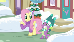 Size: 1280x720 | Tagged: safe, screencap, character:fluttershy, character:spike, species:dragon, species:pegasus, species:pony, episode:best gift ever, g4, my little pony: friendship is magic, clothing, duo, earmuffs, female, hat, male, mare, scarf, snow, sweater, winter