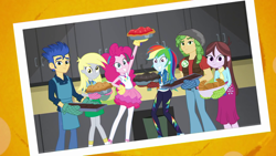 Size: 1920x1080 | Tagged: safe, screencap, character:derpy hooves, character:flash sentry, character:pinkie pie, character:rainbow dash, character:sandalwood, character:velvet sky, episode:queen of clubs, g4, my little pony:equestria girls, background human, baking, bread, brownies, clothing, croissant, food, geode of sugar bombs, geode of super speed, magical geodes, oven mitts, pantyhose, photo, photobomb, pie, velvet sky, you tried