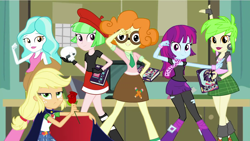 Size: 1920x1080 | Tagged: safe, screencap, character:applejack, character:cherry crash, character:drama letter, character:mystery mint, character:paisley, character:scribble dee, character:watermelody, episode:queen of clubs, g4, my little pony:equestria girls, applejack's hat, background human, beret, book, boots, cherry crash, clothing, club, cowboy hat, flower, geode of super strength, glasses, hat, magical geodes, manga, miniskirt, pantyhose, photobomb, picture, plaid skirt, ripped pantyhose, rose, sailor jupiter, sailor mars, sailor mercury, sailor moon, sailor venus, sextet, shoes, skirt, skull, tuxedo jack, tuxedo mask