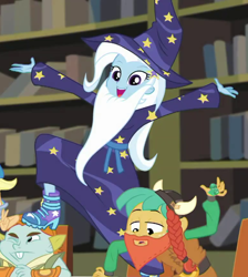 Size: 772x863 | Tagged: safe, screencap, character:snails, character:snips, character:trixie, episode:queen of clubs, g4, my little pony:equestria girls, clothing, costume, cropped, cute, diatrixes, fake beard, trixie's fans, wizard