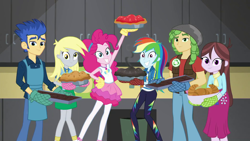 Size: 1920x1080 | Tagged: safe, screencap, character:derpy hooves, character:flash sentry, character:pinkie pie, character:rainbow dash, character:sandalwood, character:velvet sky, episode:queen of clubs, g4, my little pony:equestria girls, background human, baking, bread, brownies, clothing, croissant, food, geode of sugar bombs, geode of super speed, magical geodes, oven mitts, pantyhose, photo, photobomb, pie, velvet sky
