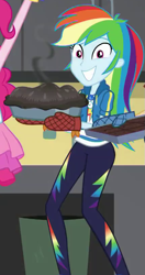 Size: 427x807 | Tagged: safe, screencap, character:pinkie pie, character:rainbow dash, episode:queen of clubs, g4, my little pony:equestria girls, awkward smile, burned, clothing, cropped, female, food, geode of super speed, jacket, magical geodes, mittens, offscreen character, pants, pie, smiling
