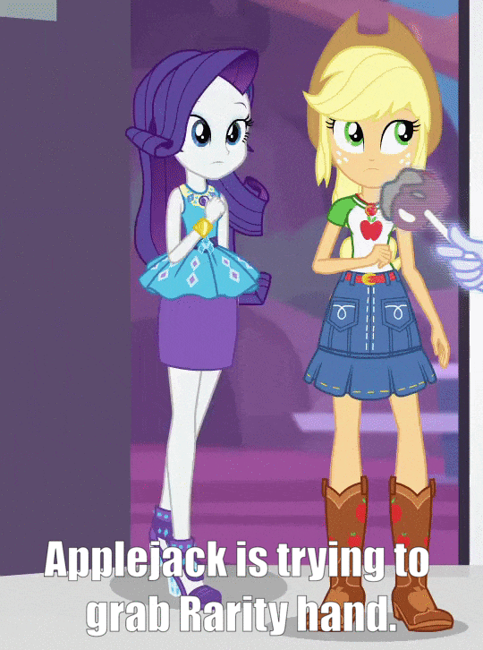 Size: 540x726 | Tagged: safe, screencap, character:applejack, character:microchips, character:rarity, character:twilight sparkle, character:twilight sparkle (scitwi), species:eqg human, equestria girls:rollercoaster of friendship, g4, my little pony:equestria girls, animated, apple, caption, caramel apple (food), cropped, duo focus, female, food, forced shipping, geode of shielding, geode of super strength, gif, implied lesbian, implied rarijack, implied shipping, legs, magical geodes, misspelling, offscreen character, shipping fuel, shipping goggles