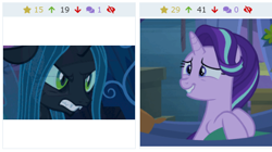 Size: 435x244 | Tagged: safe, screencap, character:queen chrysalis, character:starlight glimmer, species:changeling, derpibooru, episode:on the road to friendship, episode:the mean 6, g4, my little pony: friendship is magic, changeling queen, cropped, death stare, female, juxtaposition, juxtaposition win, meme, meta