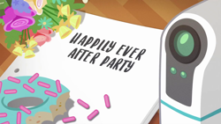 Size: 1280x720 | Tagged: safe, screencap, episode:happily ever after party, g4, my little pony:equestria girls, choose your own ending (season 1), donut, flower, food, no pony, projector, title card